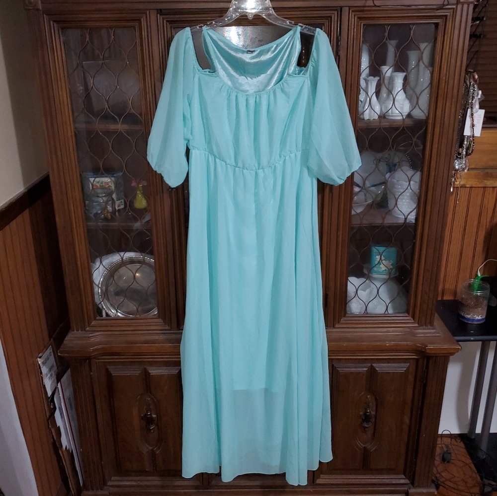 Aqua Puff Sleeve Dress - Picture 2 of 7